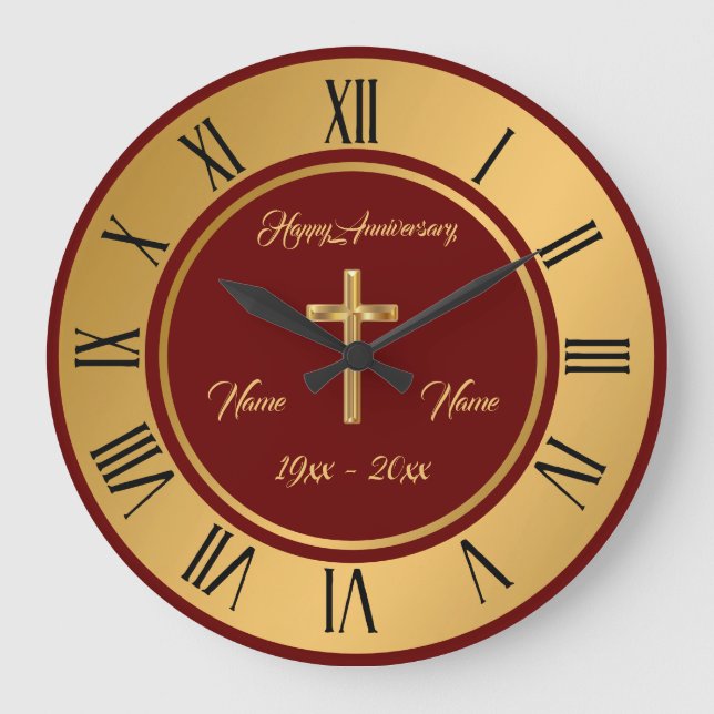 Simple Cross Customize Gold Anniversary Large Clock (Front)