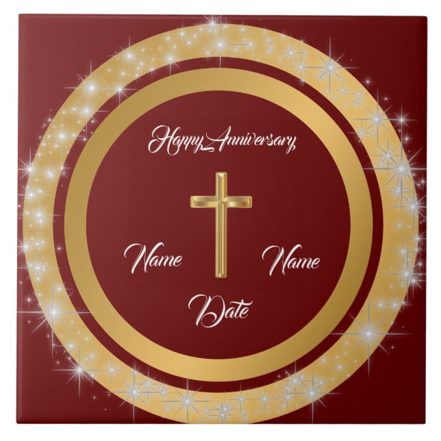 Simple Cross Customize Gold Anniversary Tile (Front)
