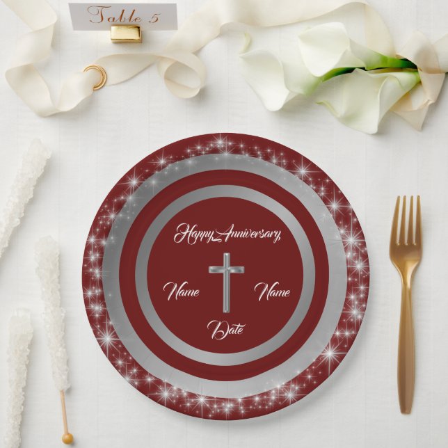 Simple Cross Customize Silver Anniversary Paper Plate (Wedding)