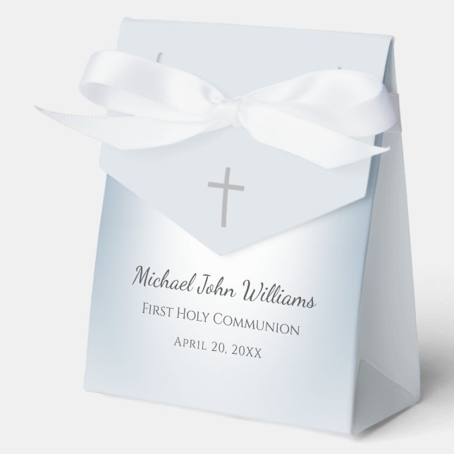 Simple Cross Dusty Blue Boys First Communion Favor Box (Front)