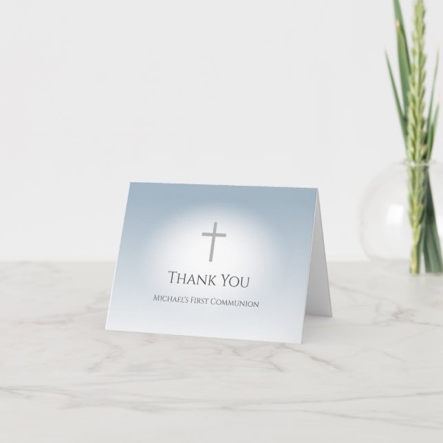 Simple Cross First Communion Dusty Blue Thank You Card (Front)