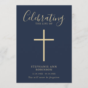 Simple Cross Gold Blue Memorial Order of Service Program