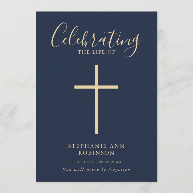 Simple Cross Gold Blue Memorial Order of Service Program (Front)