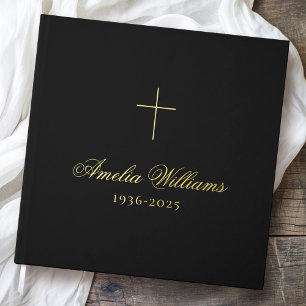 Simple cross loving memory funeral memorial black guest book