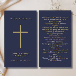 Simple Cross Navy Blue Gold Memorial Prayer Card