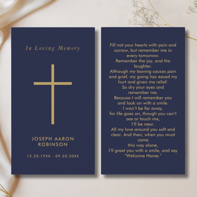 Simple Cross Navy Blue Gold Memorial Prayer Card (Creator Uploaded)