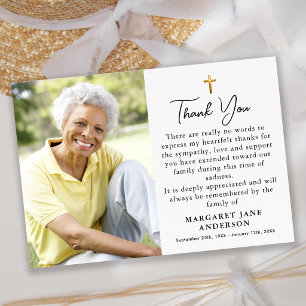 Simple Cross Photo Personalized Message Funeral Thank You Card