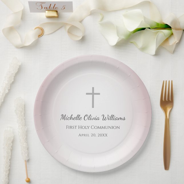 Simple Cross Rose Gold First Communion Celebration Paper Plate (Wedding)