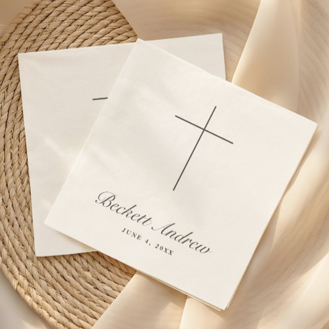 Simple Cross Script Baptism Napkin (Simple Black and White Cross Script Baptism, Christening or First Holy Communion Napkins.)