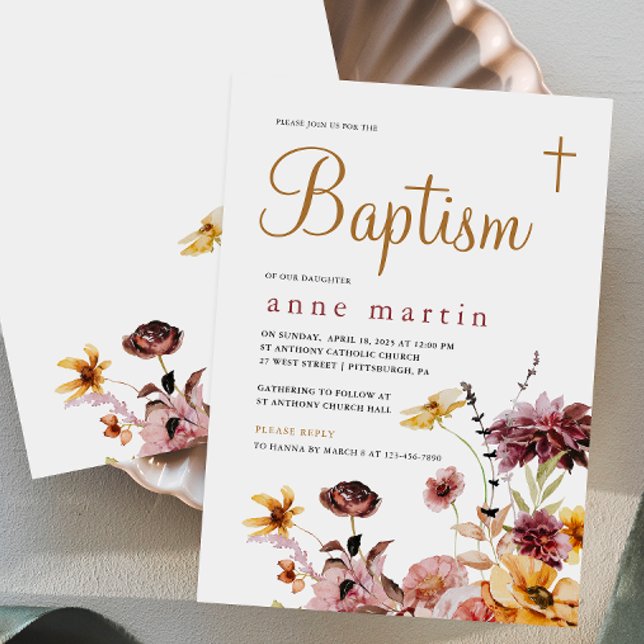 Simple Cross Wildflower Floral Girl's Baptism Invitation (Creator Uploaded)