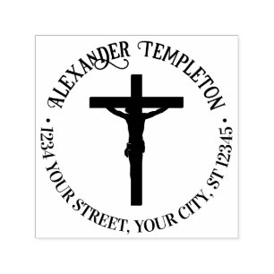 Simple Crucifixion Cross Name Return Address Round Self-inking Stamp