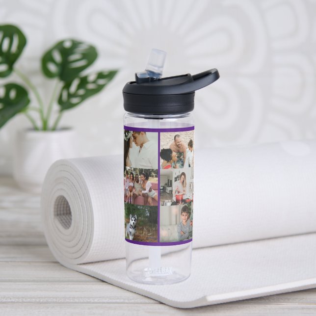 Simple Custom 12 Photo Collage Family Personalized Water Bottle (Yoga)