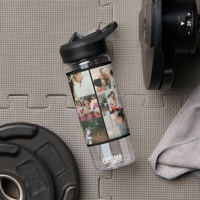 Simple Custom 12 Photo Collage Family Personalized Water Bottle (Gym)