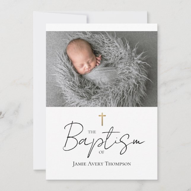 Simple Custom Baby Photo Baptism Gold cross Invitation (Front)