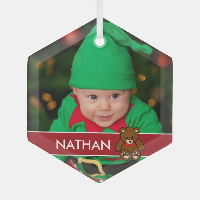 Simple Custom Baby Photo Christmas Personalised Glass Ornament (Front)