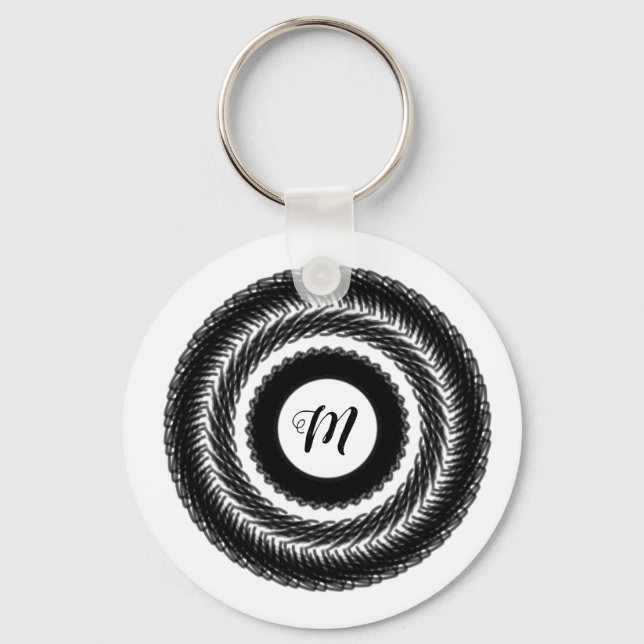 simple custom BLACK mandala monogram add your name Keychain (Front)