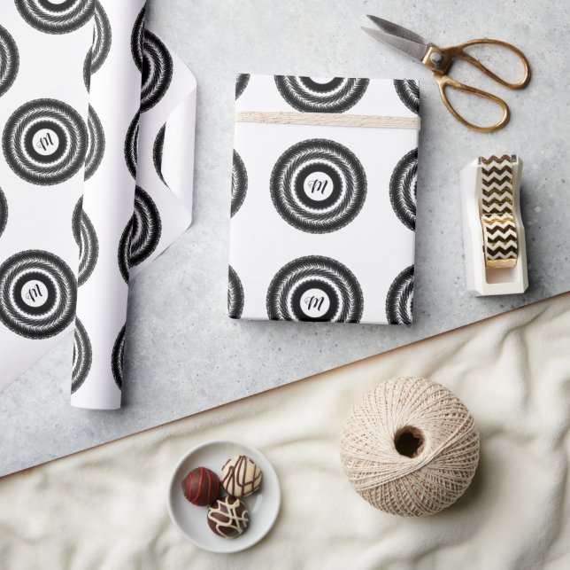 simple custom BLACK mandala monogram add your name Wrapping Paper (Crafts)