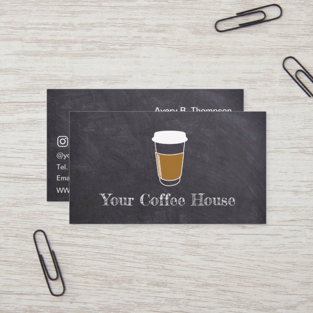Simple Custom Chalkboard Coffee Cup Cafe Shop Business Card (Front/Back In Situ)