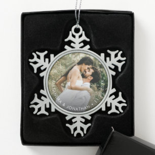 Simple Custom Couple Photo and date Personalized Snowflake Pewter Christmas Ornament