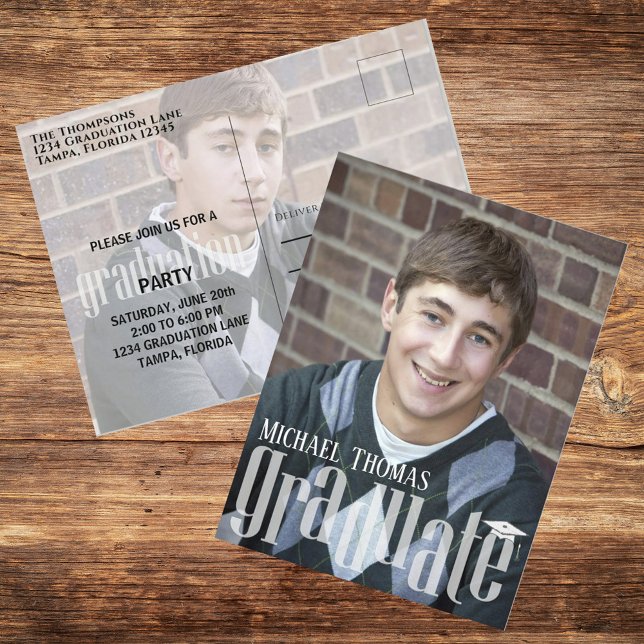 Simple Custom Graduation Photo Announcement Postcard (Minimal modern graduation photo card with clean contemporary layout and simple typography.)