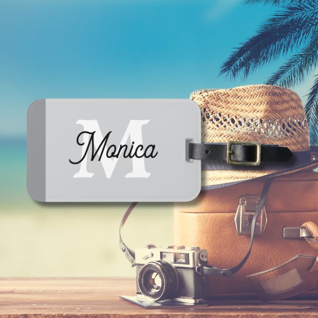 Simple Custom Initial Name Monogram Modern Luggage Tag (modern minimalist monogrammed grey luggage tag)