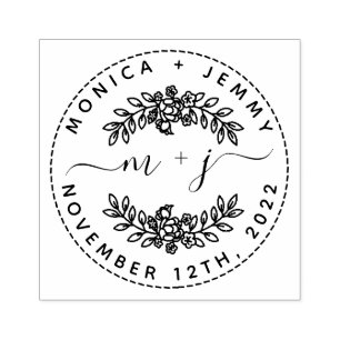 Simple Custom Leaves Initials Script Round Wedding Rubber Stamp