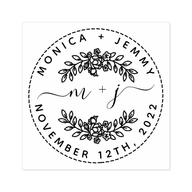 Simple Custom Leaves Initials Script Round Wedding Rubber Stamp (Imprint)