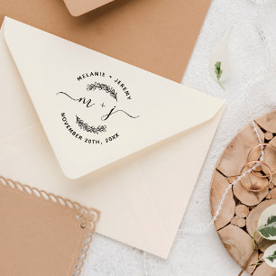 Simple Custom Leaves Initials Script Round Wedding Rubber Stamp