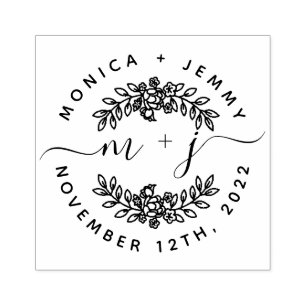 Simple Custom Leaves Initials Script Round Wedding Rubber Stamp