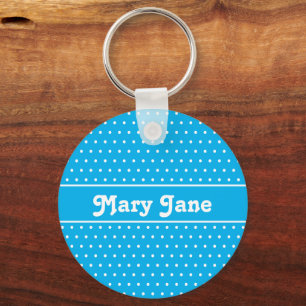 Simple Custom Name Sky Blue Polka Dot Keychain
