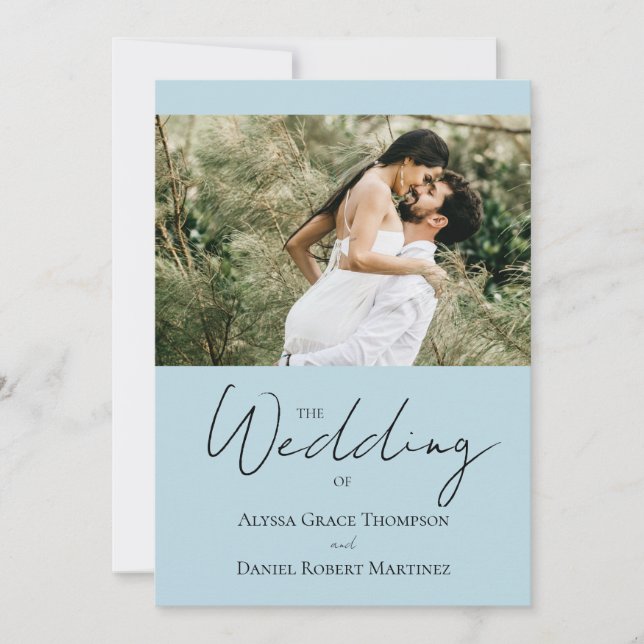 Simple Custom Photo Black white blue Wedding Invitation (Front)