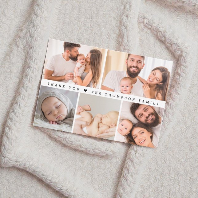 Simple Custom Photo Collage Baby Shower Thank You Card (Small Baby thank you photo grid collage note card.)