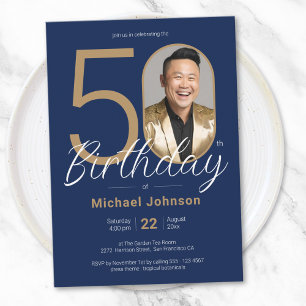  Simple Custom Photo Gold Navy Blue 50th Birthday Invitation