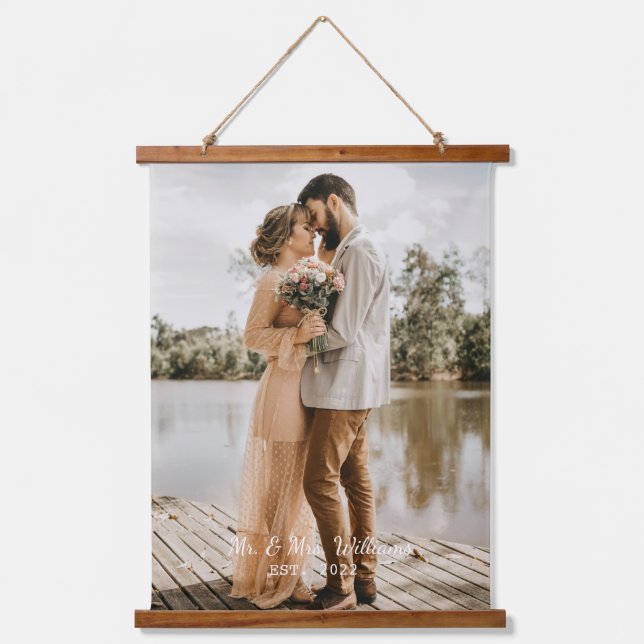 Simple Custom Script Wedding Photo Keepsake Hanging Tapestry (Front)