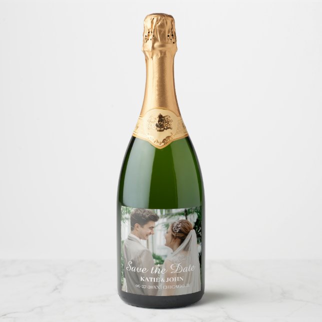 Simple Custom Wedding Bride and Groom's Photo  Cha Sparkling Wine Label (Front)