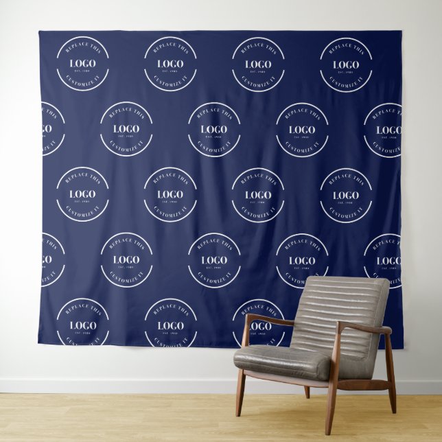 Simple Custom white Logo step and repeat Blue Tapestry (In Situ (Horizontal))