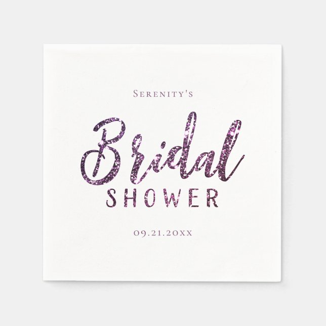 Simple customized purple glitter bridal shower napkin (Front)