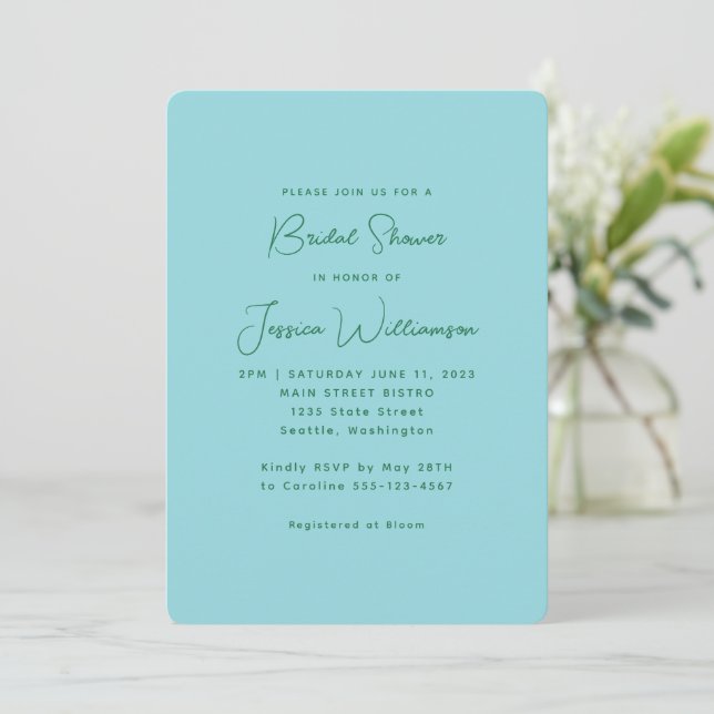 Simple Cute Aesthetic Blue and Green Bridal Shower Invitation (Standing Front)