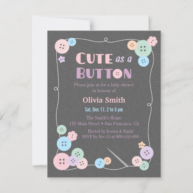 Simple Cute as a Button Baby Shower Invitations (Front)