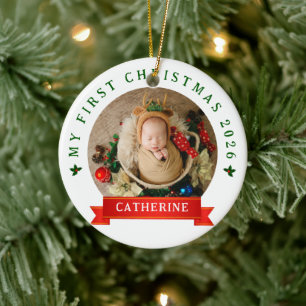Simple Cute Baby's First Christmas Custom Name Ceramic Ornament