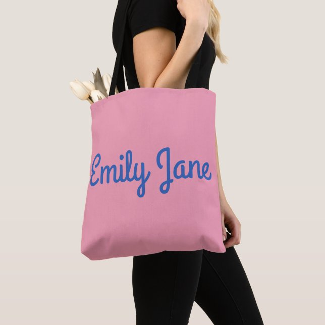 Simple Cute Blue and Pink Personalized Tote Bag (Close Up)