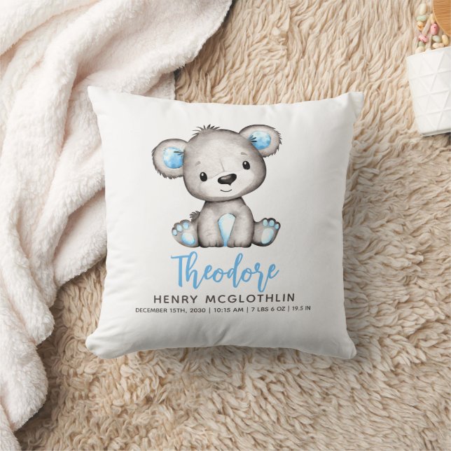 Simple Cute Blue Bear Baby Boy Throw Pillow (Blanket)