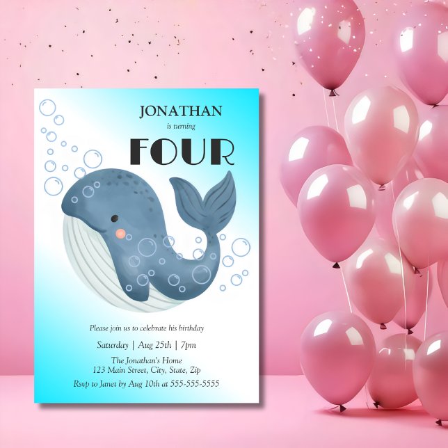 Simple Cute Blue Whale Bubble Birthday Invitation (Creator Uploaded)