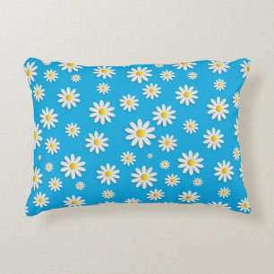 Simple Cute Blue with White Daisy Floral Pattern Accent Pillow