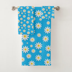 Simple Cute Blue with White Daisy Floral Pattern Bath Towel Set