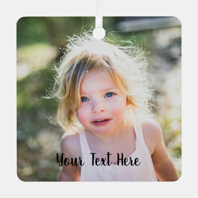 Simple Cute Christmas Photo and Script Text Metal Ornament (Front)