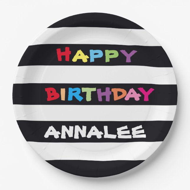 Simple Cute Colourful Customized Happy Birthday  Paper Plate (Front)