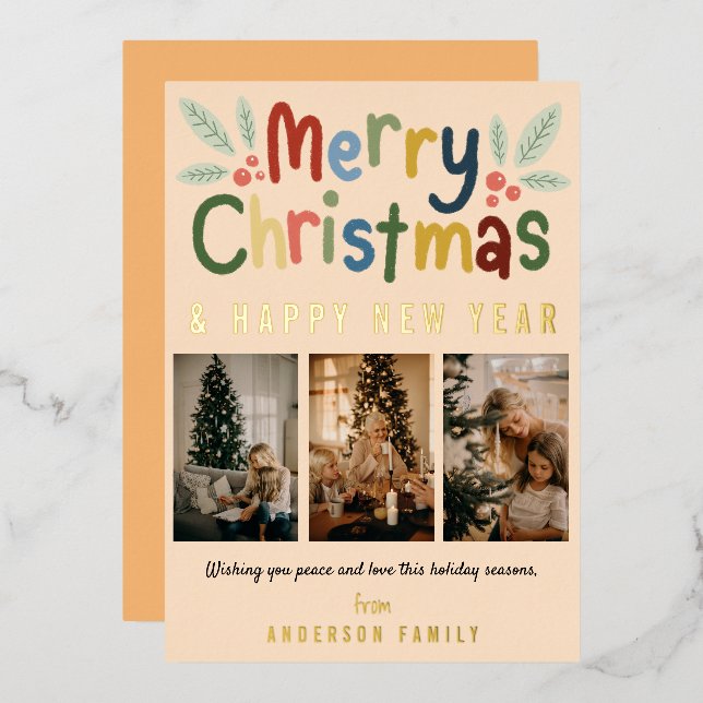 Simple Cute Colourful Merry Christmas Family Photo Foil Holiday Card (Front/Back)