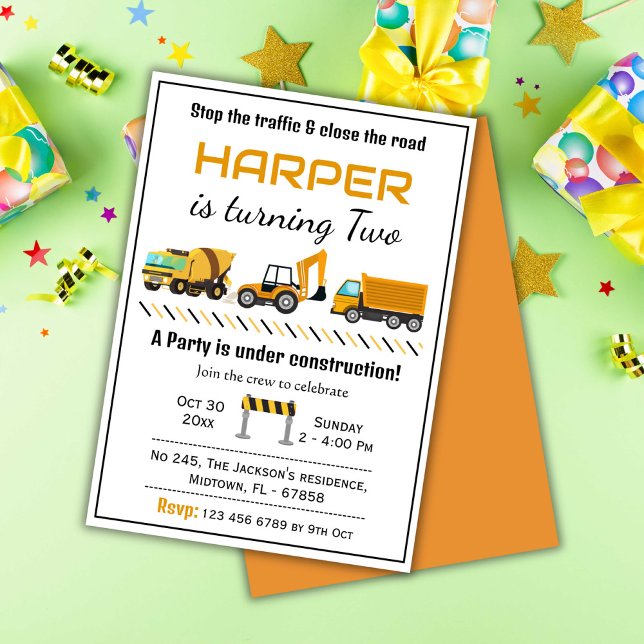 Simple cute construction truck kids 2nd birthday invitation (Creator Uploaded)