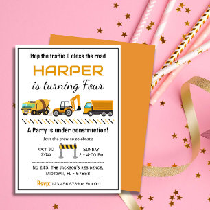 Simple cute construction truck kids 4th birthday  invitation